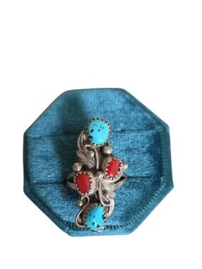 Vintage Size 7 Turquoise & Coral Sterling Silver Statement Ring